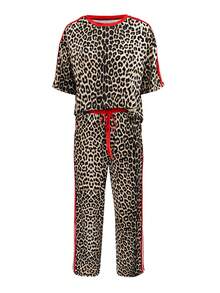 Women's Leopard Print & Side Stripe Round Neck Short Sleeve Top + Drawstring Waist Contrast Color Pants Set, Autumn/Winter Summer - Red - View 2