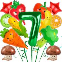 Conjunto de 32" de globos de aluminio con forma de frutas y verduras que incluye diseños de champiñón, zanahoria, brócoli, tomate, fresa, maíz, plátano, con números verdes del 1 al 9, adecuado para decoración de fiesta de cumpleaños, decoración del hogar - Multicolor - Ver 9