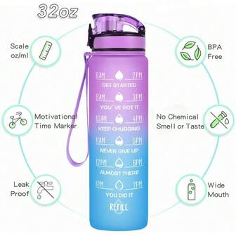 32盎司大容量水瓶，带饮水时间和吸管，防漏，适合办公室、健身房、户外运动等场合使用。