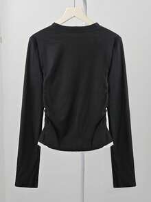 Black Rhinestone Design Fitted Base Layer Long Sleeve T-Shirt, Versatile Top - Black - View 10