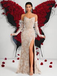 女士优雅抹胸鱼骨纯色袖蕾丝高腰开衩露背吊带曳地晚礼服，适合舞会、生日派对、晚宴、返校派对、婚礼宾客、正式晚宴、家庭聚会、节日等场合，白色连衣裙，新年礼服 - 白色 - 查看 3