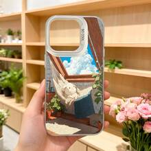 Cubierta de teléfono con diseño de ventana y hamaca blanca con conejo en el jardín azul cielo nubes estampado para mujeres elegantes estilo bohemio para uso diario y viajes Aplicable a los teléfonos de la serie Apple y Galaxy - Blanco - Ver 5