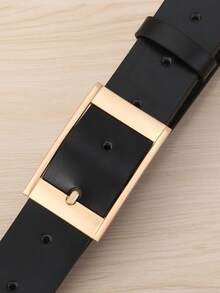 1 pieza Cinturón de piel de PU rectangular de talla grande negro con hebilla dorada, de moda para uso diario, longitud extendida - Dorado - Ver 2