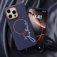 Funda de cuero con textura de lichí y carga inalámbrica compatible con iPhone 17 Pro Max, a prueba de caídas y resistente a arañazos y huellas dactilares, con inicial personalizada. El regalo perfecto para Navidad, vacaciones y aniversarios. - azul real - Ver 5