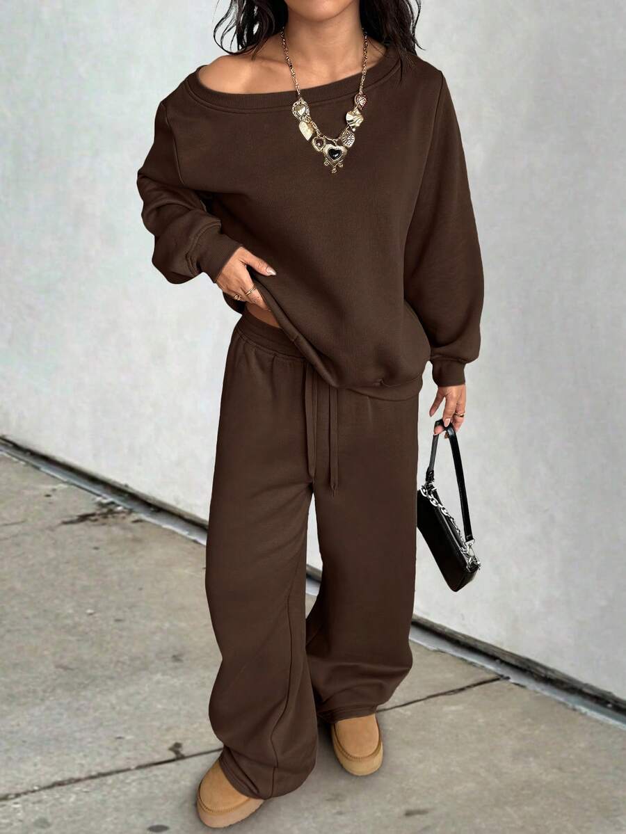 GLOpass Casual Solid Color Off-Shoulder Loose Sweatshirt And Pants Two Pieces Set For Women, Versatile For Daily Wear, Autumn/Winter