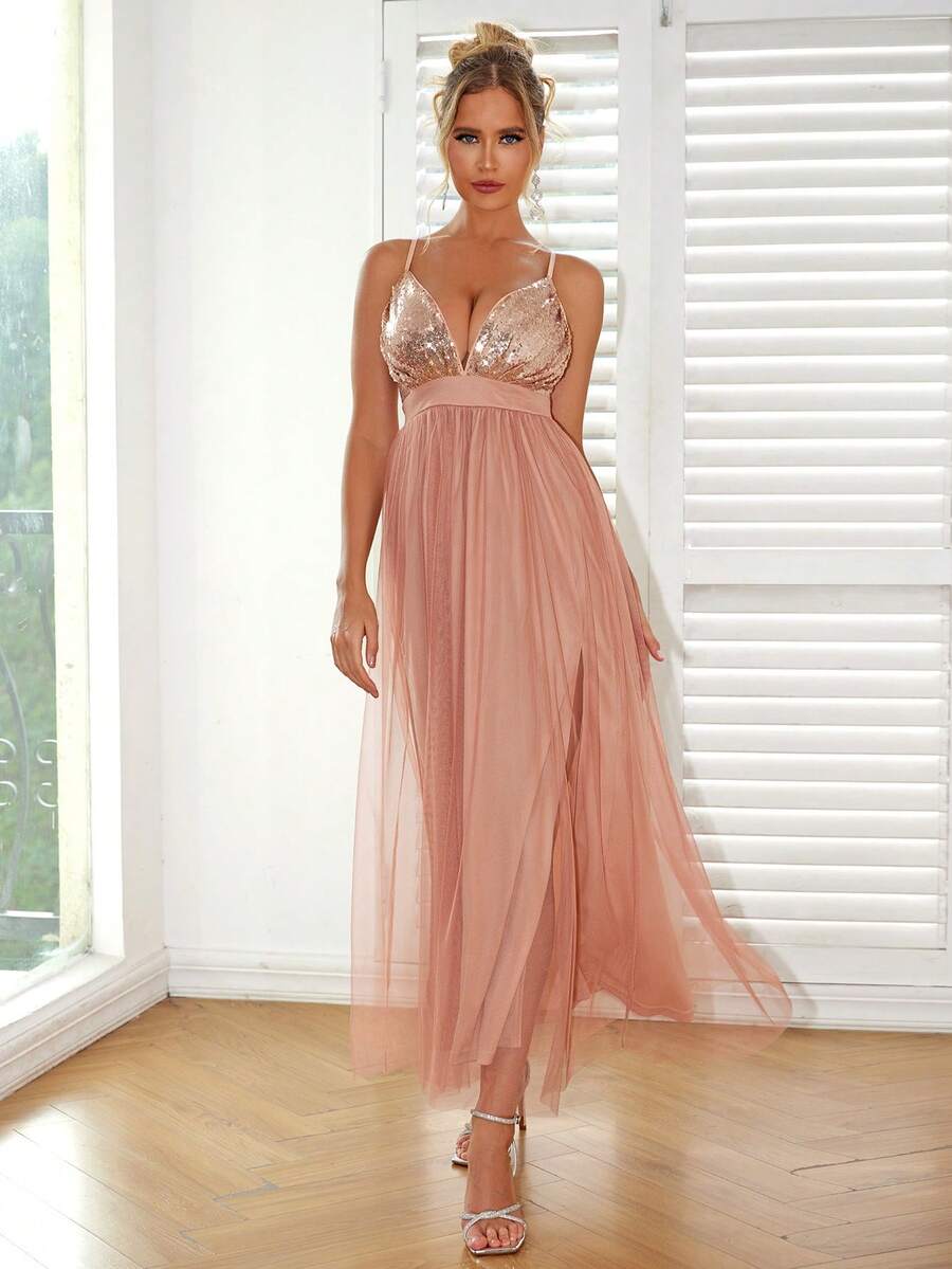 Women's Sequin Contrast Mesh Slip Dress Party Elegant - Champagne - View 1