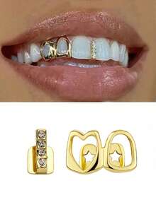 1pc Hollow Copper Zirconia Stone Women's Tooth Jewelry, Shiny Gold Tooth For Music Festival, Party, Couples Gift - Multicolor - View 2