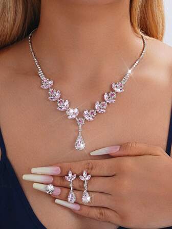 Y2K Style Glamorous Sparkling Flower Necklace & Earrings Set, Suitable For Brides, Wedding Dresses, Engagement, Wedding Ceremonies, Formal Occasions, Daily Wear, Valentine's Day, Mother's Day Gifts