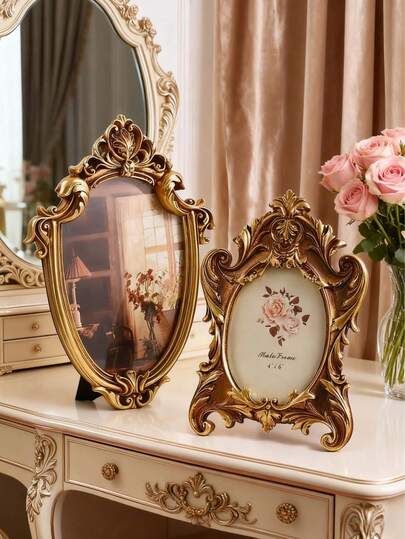 1件欧式古典风格金色蕾丝椭圆形装饰相框，欧式宫廷风格装饰相框，适用于家居装饰和照片展示