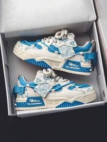 Zapatillas deportivas informales de moda para hombre,tenis para hombre,Suela gruesa antideslizante,transpirables y ligeros,Diseño exclusivo con graffiti urbano y acabados modernos,Perfectos para calle, trabajo y deporte, Colección limitada con detalles de malla y patrón colorido - Azul y blanco - Ver 5