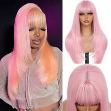 粉色无胶蕾丝前假发，女士款，26英寸长直发分层合成假发，带帘式刘海，耐热，佩戴方便，无需胶水，适合角色扮演和日常佩戴。