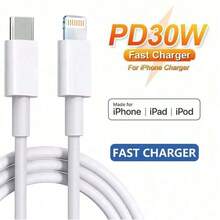 30W PD USB C 转 Lightning 3.3 英尺/6.6 英尺快速充电线，兼容 Apple 14/13/12/11/XR/Xs Max/8/7 Plus/SE/iPod 充电器配件 Nan MFi 认证 - 白色 - 查看 1