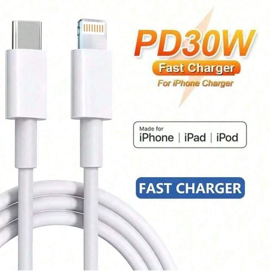 30W PD USB C 转 Lightning 3.3 英尺/6.6 英尺快速充电线，兼容 Apple 14/13/12/11/XR/Xs Max/8/7 Plus/SE/iPod 充电器配件 Nan MFi 认证 - 白色 - 查看 1