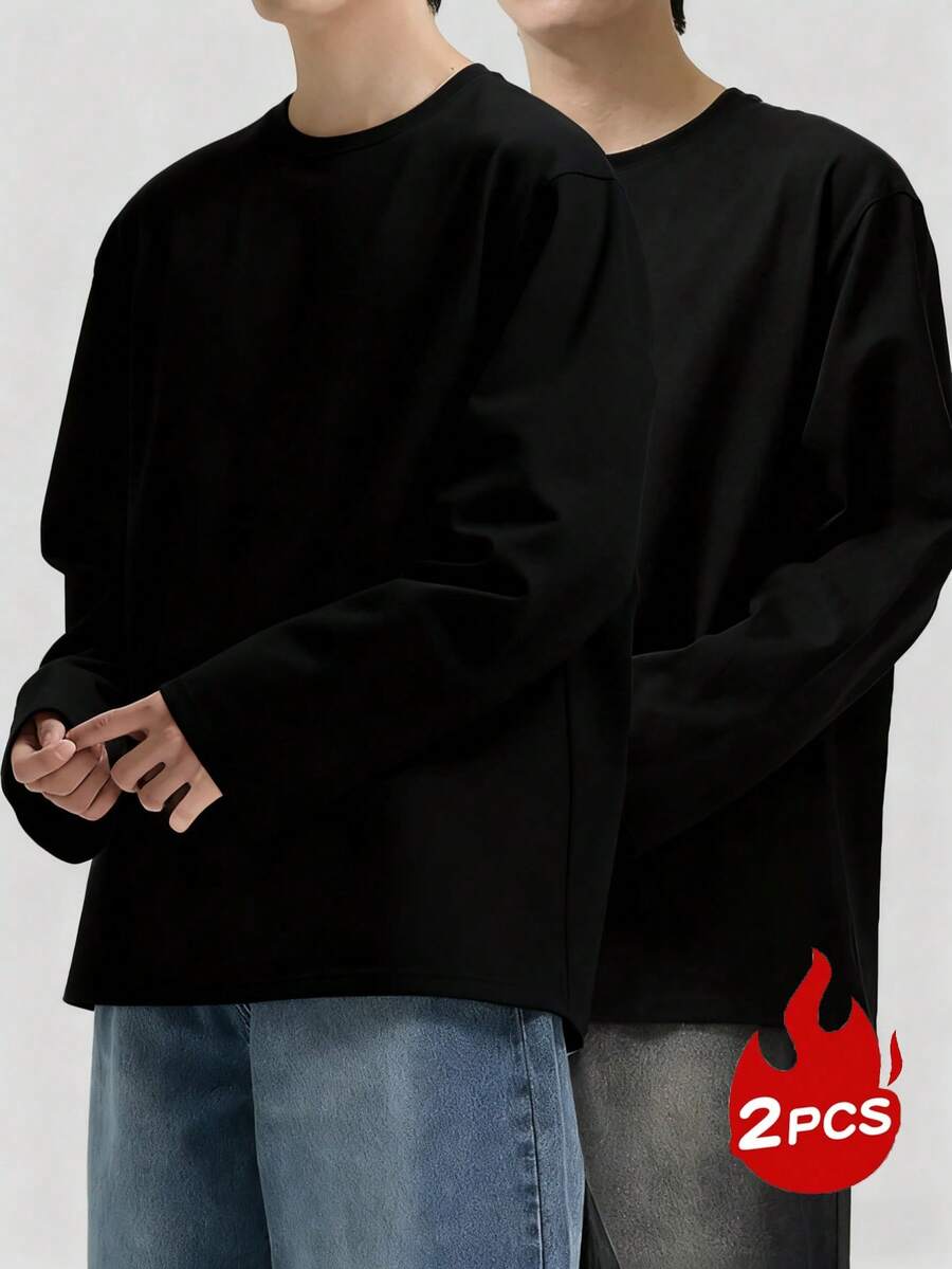 男士简约百搭纯色长袖T恤两件装，休闲通勤百搭，春秋季 - 黑色 - 查看 1
