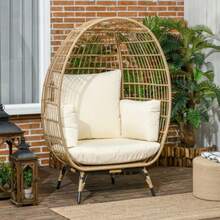 Outsunny Raised Rattan Chair, Basket Shape With Seat Cushion, For Balcony Or Terrace, Metal, Khaki, 105 X 97 X 150 Cm - Khaki - View 2