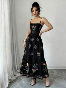 Women's Long Dress, Halter Neck Style With Vintage Print, Gathered Waist At The Back, Adjustable Straps, Elegant Dress. - 黑色 - 查看 11