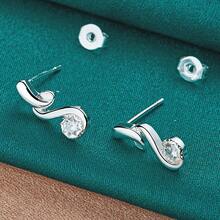 925镀银音符锆石耳钉，女士婚礼派对时尚首饰 - 銀色 - 查看 4
