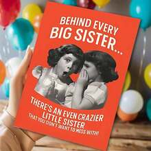 Sister-Themed Adult Humorous Card - "Crazier Little Sister Behind Big Sis" Retro Greeting (With Envelope) - Multicolor - View 1