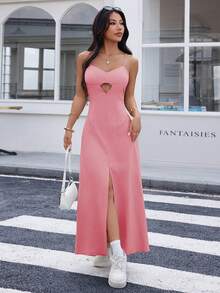 REF:AS1826 - Long Dress With Thin Straps And Front Slit: Elegance And Sensuality In The Same Look - 粉色 - 查看 3