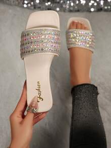 Sandale de plajă cu strasuri, papuci de plajă ușori, stil coreean, de lux, pentru femei, sandale de vară, casual, antiderapante, mărime extra mare, sclipici, la modă pentru interior și exterior - Bej - Vizualizare 1