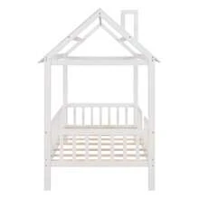 MERAX Twin Size Wood House Bed With Fence,White - 白色 - 查看 7