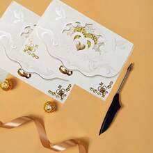 1/5/10pcs Exquisite Sparkling Powder Invitation Letter Heart Shaped Invitation Card Gold Plated Personalized Sparkling Powder Greeting Card Wedding Exclusive Suitable For Wedding Anniversaries, Bridal Showers, Engagement Parties, And Anniversary Dinner Invitations. - Multicolor - View 5