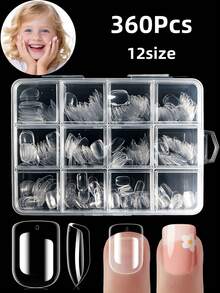 360片中号儿童透明按压式美甲贴片，短椭圆形透明甲片，适合小女孩全覆盖儿童假指甲装饰，12种尺寸人造亚克力软胶甲片，方便DIY美甲贴片艺术 - 白色 - 查看 2