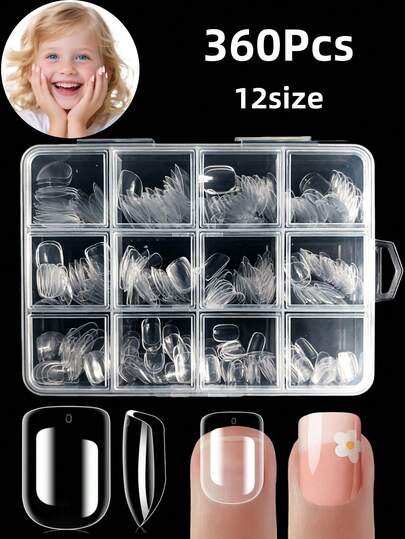 360 st. genomskinliga press-on-naglar för barn i mellanstorlek, korta ovala genomskinliga nageltips, för små flickor, heltäckande lösnageldekoration för barn, 12 storlekar konstgjorda akryl mjuka gelnageltips, för enkel gör-det-själv-nagelkonst
