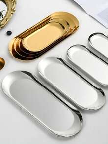 1pc/3pcs Gold Eid Mubarak Oval Stainless Steel Tray, Drink Coaster, Desktop Organizer, Metal Plate For Dessert, Snack, Jewelry - Multicolor - View 2