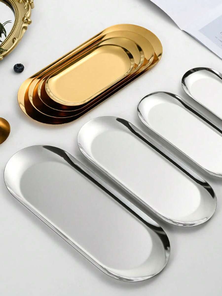 1pc/3pcs Gold Eid Mubarak Oval Stainless Steel Tray, Drink Coaster, Desktop Organizer, Metal Plate For Dessert, Snack, Jewelry
