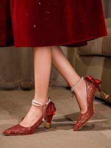Studded Square Toe Mary Jane Pumps, Versatile Buckle Strap High Heels, Fashionable Sexy Slingback Red Patent Leather Chunky Heels For Women,Party Outfits - Red - View 7