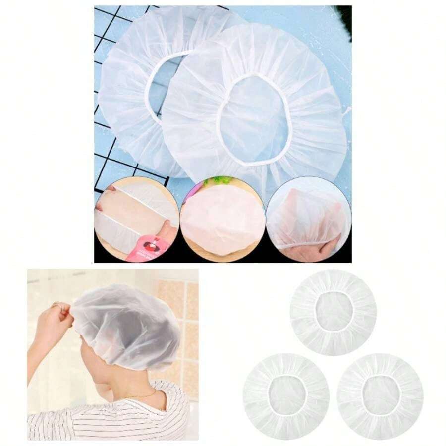 Gorros de ducha, 3 unidades, impermeables, de plstico, reutilizables, con banda elstica, para el pelo, para mujeres, mujeres, spa, saln - transparente - Ver 1