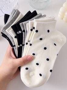 5 Pairs Women's Polka Dot Crew Socks, Black, White, Gray, Comfortable & Versatile, Random Color Assortment - Multicolor - View 4
