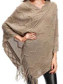 1件女士优雅斗篷，纯色针织镂空流苏披肩，高品质保暖外套，新款百搭斗篷毛衣，适合日常穿着 - 卡其色 - 查看 4