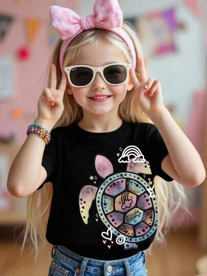 Turtle Print Round Neck Casual Short Sleeve T-Shirt For Young Girls