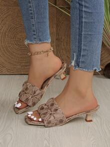 أحذية كعب عالي نسائية أنيقة وجذابة، بطبعات على شكل حرف V، مناسبة للحفلات والرياضة والأناقة، من جلد البولي يوريثان مع تطريز كشكشة، أحذية صيفية كعب عالي - بني فاتح - مشاهدة 13