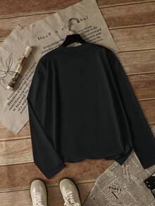 Street Style American Design Letter Print Loose Fit Casual Long Sleeve T-Shirt For Women, Black, Autumn