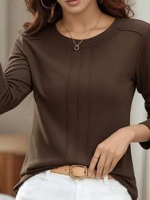 女士褶皱圆领衬衫，百搭休闲上衣，修身设计，适合秋冬春季穿着 - 咖啡棕 - 查看 4