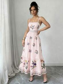 Women's Long Dress, Halter Neck Style With Vintage Print, Gathered Waist At The Back, Adjustable Straps, Elegant Dress. - Rosa - Ver 11