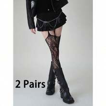 1/2 Pairs Of Flower Vine Suspender Stockings, Women's One-Piece Lace Jacquard Fishnet Stockings - 黑色 - 查看 6