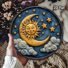 [2D Flat] 1pc Vintage Sun & Moon Metal Wall Art - 8x8 Inch Aluminum Sign With Celestial Design, Golden Sunburst & Stars - 彩色 - 查看 3