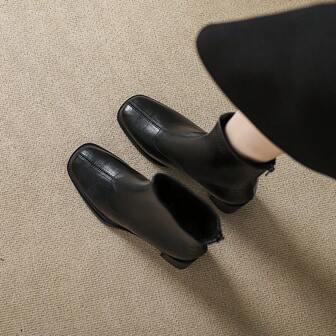 Botas cortas de punta cuadrada para mujer, botas de tobillo francesas de tacón grueso, botas elásticas delgadas para otoño/invierno