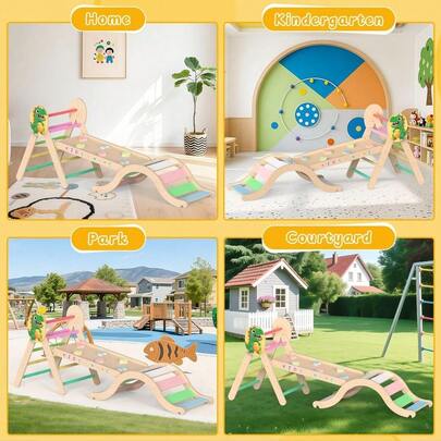 Triangle Climbing Set With Cushion And DIY Name Stickers, Montessori Wooden Climbing Gym For Toddlers 1-3, Indoor J...