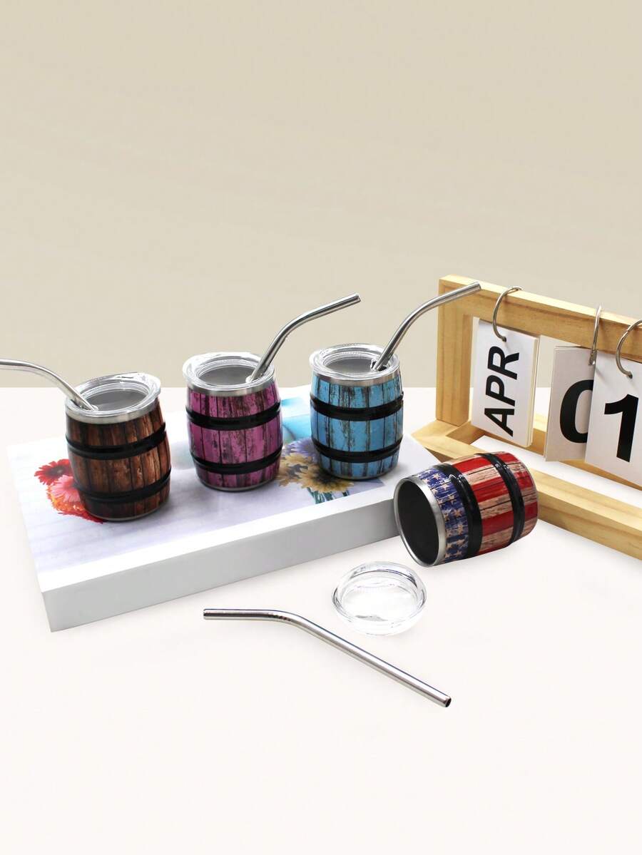 1pc,3ozbeer Barrel, 3D Mini Wine Glass, Inner Liner 304, Outer Shell 201 Stainless Steel, With Lid And Straw. Portable Party Drinking Set For Office, Home, Beverage, Coffee Cup. Ideal Gift For Outdoor Camping, Birthday, Christmas. - Multicolor - View 1