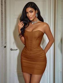 Blazique Yuwenier Rave Sexy Ruched Boned Mesh Splicing PU Leather Backless Tube Corset Festival Bodycon Dress Going Out Party Halloween Outfits For WomenNew Year - Brown - View 6
