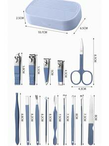 绿色14件套美甲套装不锈钢修脚套装男女指甲钳8件合1专业护理工具防溅指甲套装包括便携式脚趾甲剪、眉毛、挖耳勺，带黑色、蓝色、绿色、粉色收纳盒 - 淺粉色 - 查看 11