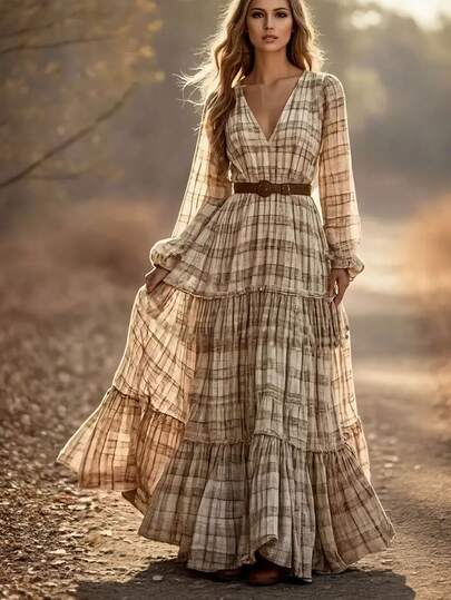 Vestido Vintage de Manga Longa com Gola em V, Cintura Marcada e Saia Evasê com Estampa Floral Miúda, Estilo Campestre Adequado para Passeios na Primavera e Festivais