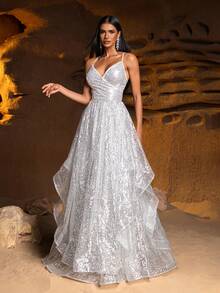 Faeriesty 优雅闪亮亮片正式派对礼服，深V领，交叉露背肩带，多层A字裙——是婚礼、盛会、派对和正式招待会的理想选择。 - 銀色 - 查看 7