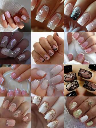 288片（12套混合装）短方形金色、白色和黑色法式美甲贴纸，带有心形、闪光、蕾丝和波点图案，情人节和圣诞节元素风格，非常适合亚克力美甲套装，易于佩戴，适合女性和女孩日常佩戴和参加派对。