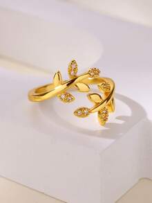 18K镀金不锈钢叶形戒指，镶嵌立方氧化锆，防褪色开口戒指，送给闺蜜的珠宝礼物，节日配饰，圣诞节/生日礼物 - 小葉子 - 查看 15